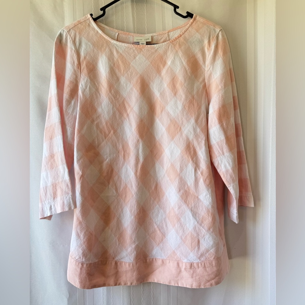 J. Jill Love Linen Top SMALL Pink White Gingham Plaid 3/4 Sleeve 100% Linen EUC